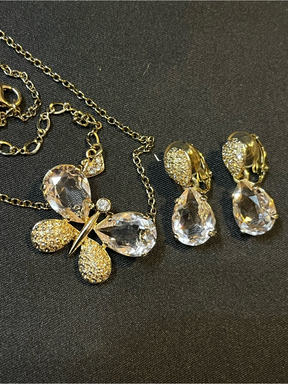 SWAROVSKI Gold Tone Crystal Butterfly Necklace & Pear Drop Clip Earrings Set